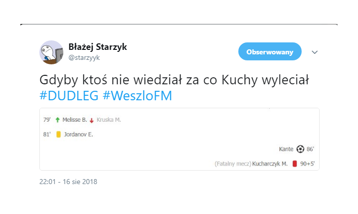 ZA TO Kucharczyk wyleciał z boiska xD